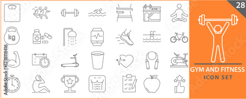 Gym and fitness icon set. Containing healthy lifestyle, weight training, body care and workout or exercise equipment icons. Set icons vector collection.