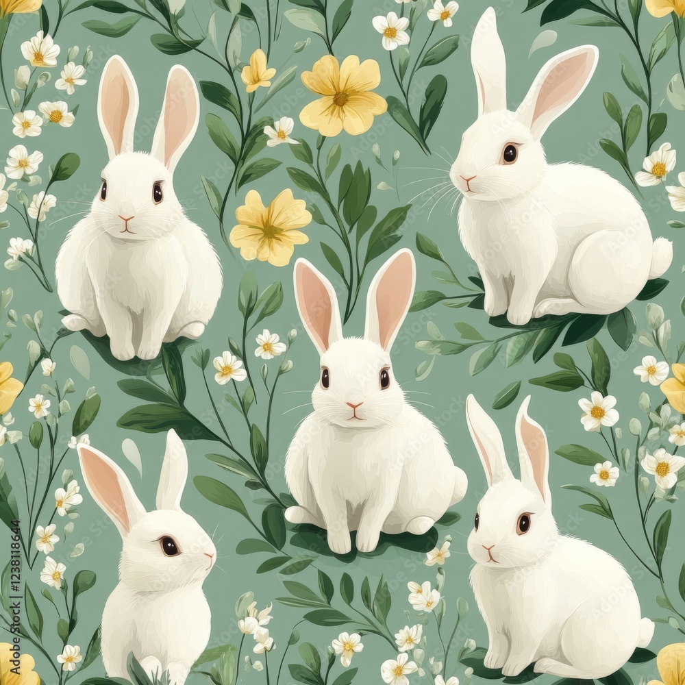 Fototapeta premium Seamless spring pattern with Cute white bunnies, spring flowers and leaves, seamless pattern on green background, vector illustration --stylize 250 --v 6.1 Job ID: e040abdf-c1b7-40df-92bf-9f9a45f4e2e5