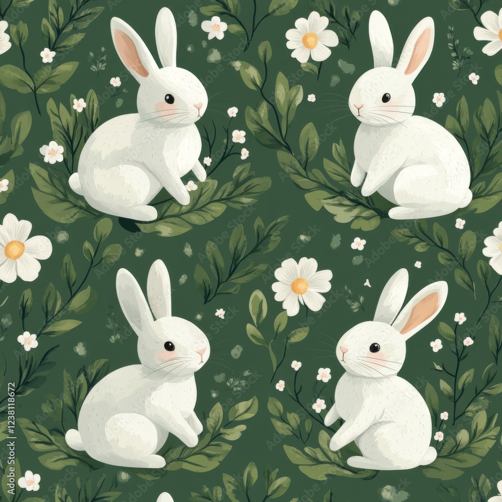 Fototapeta premium Seamless spring pattern with Cute white bunnies, spring flowers and leaves, seamless pattern on green background, vector illustration --stylize 250 --v 6.1 Job ID: e040abdf-c1b7-40df-92bf-9f9a45f4e2e5