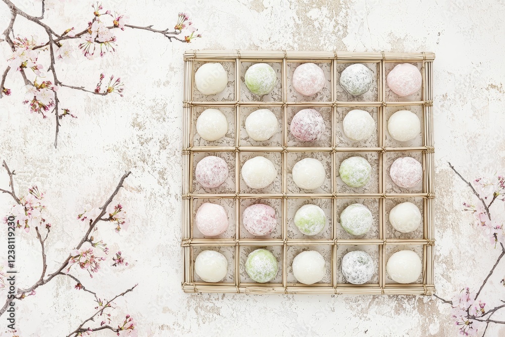 Mochi (Japan) An overhead shot of colorful mochi arranged on a bamboo tray Mochi (Japan) An overhead shot of colorful mochi arranged on a bamboo tray