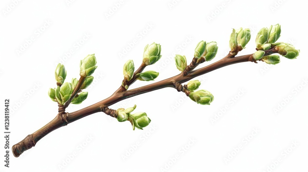Spring branch with green buds and shoots on white background, photo Spring branch with green buds and shoots on white background, photo