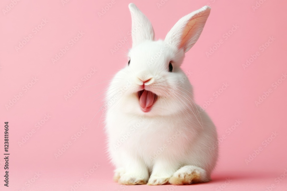 Cute easter white bunny sitting and smiling on pink background with space for text Cute easter white bunny sitting and smiling on pink background with space for text