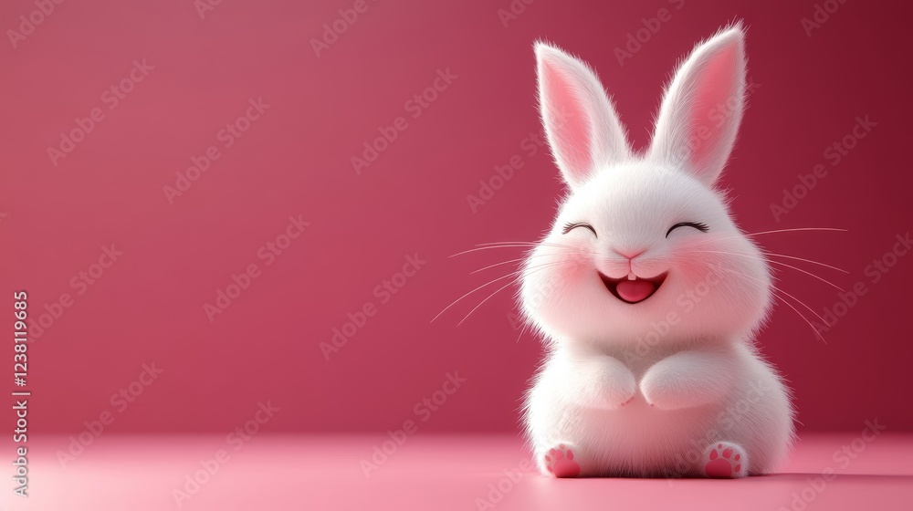 Fototapeta premium Cute easter white bunny sitting and smiling on pink background with space for text