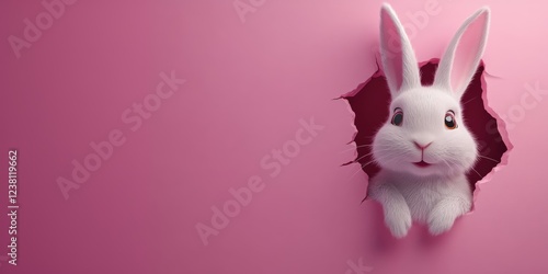 3D Easter banner background design with a cute smiling cartoon bunny peeking out of a crack in the wall isolated on a pink background with space for text