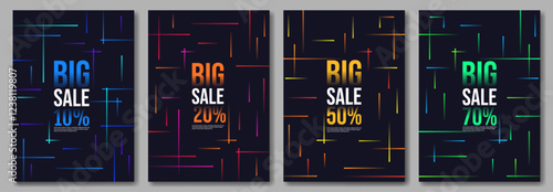 Sale brochures with dark backdrop and bright gradient lines. Perfect for promotions, discounts, shopping ads, and marketing. Vector illustration.