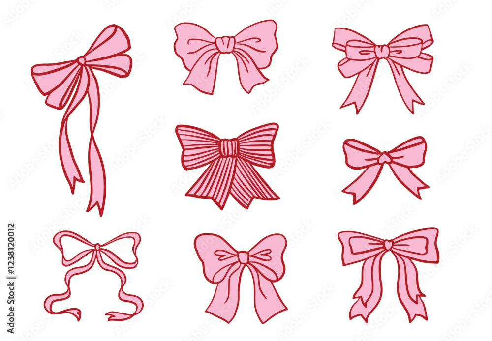 Hand drawn pink bows of whimsical style. Cute pink ribbon bow collection vector Hand drawn pink bows of whimsical style. Cute pink ribbon bow collection vector