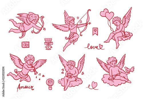 Red and pink color Valentine's day cute cupid design hand drawn element set.