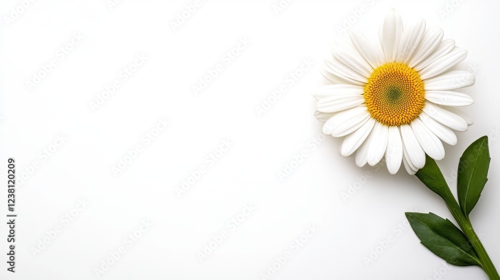Obraz premium Single daisy flower with white petals and yellow center on clean white background symbolizing simplicity and natural beauty