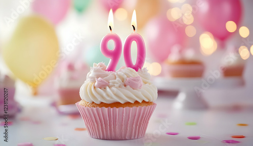 Happy Birthday 90th with a cupcake and candles photo