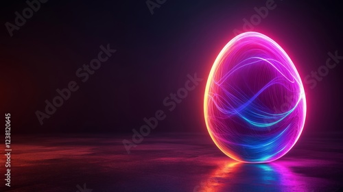 3D render, abstract neon background with glowing lines in easter egg shape on black background.