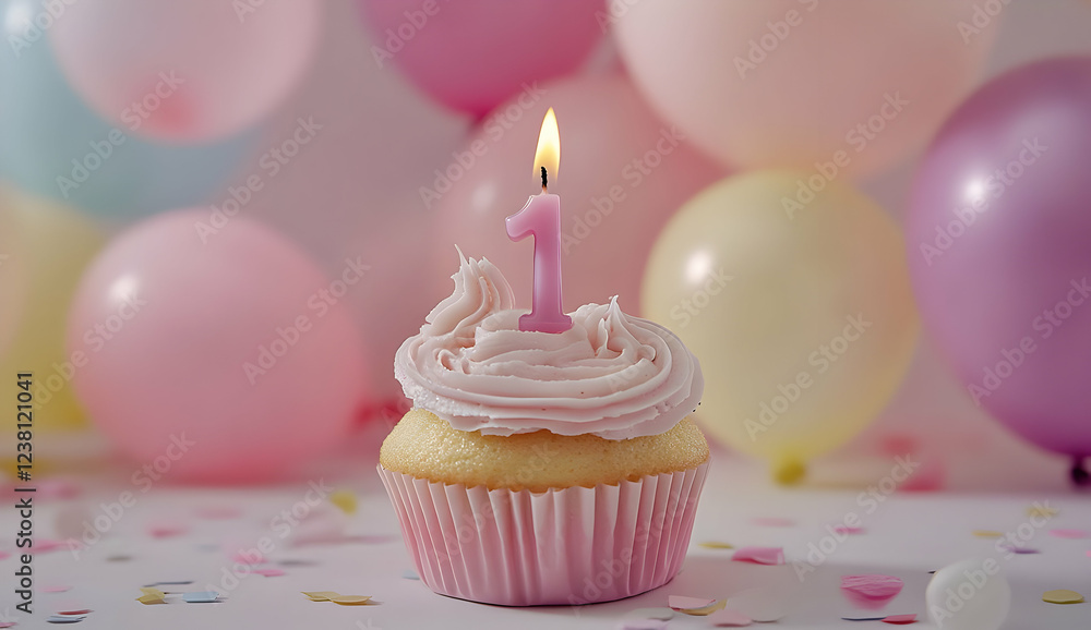 Happy Birthday 1th with a cupcake and candles Happy Birthday 1th with a cupcake and candles