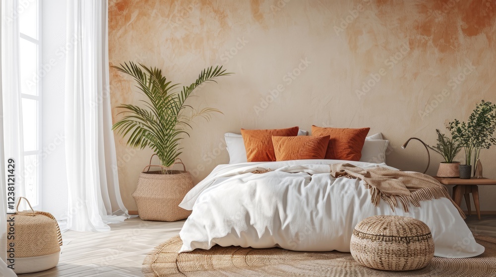 Minimalist bedroom features a white bed with orange terracotta pillows and a woven rug near a palm tree with pouf seat furniture on a beige concrete wall.