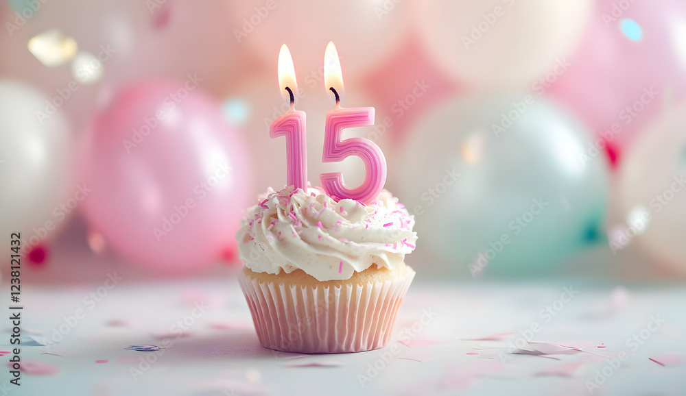 Happy Birthday 15th with a cupcake and candles Happy Birthday 15th with a cupcake and candles