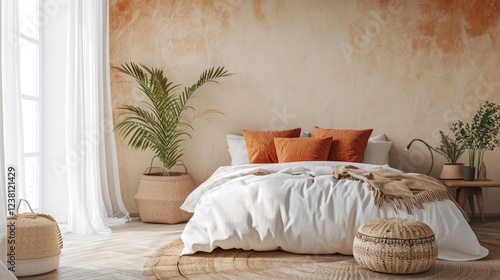 Minimalist bedroom features a white bed with orange terracotta pillows and a woven rug near a palm tree with pouf seat furniture on a beige concrete wall.