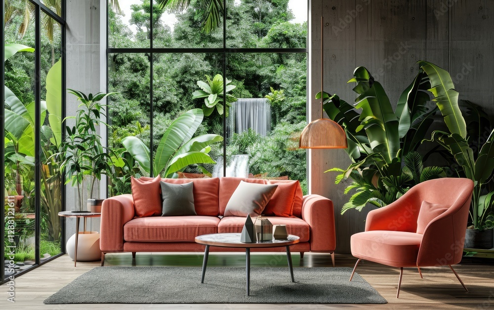 Interior living room with coral sofa near round coffee table against tropical plants, and a stunning waterfall view through a large window.