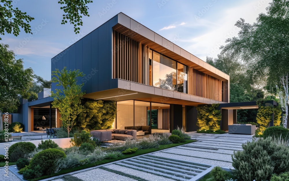 A contemporary luxury home with modern cube architecture and outdoor garden design at dusk.