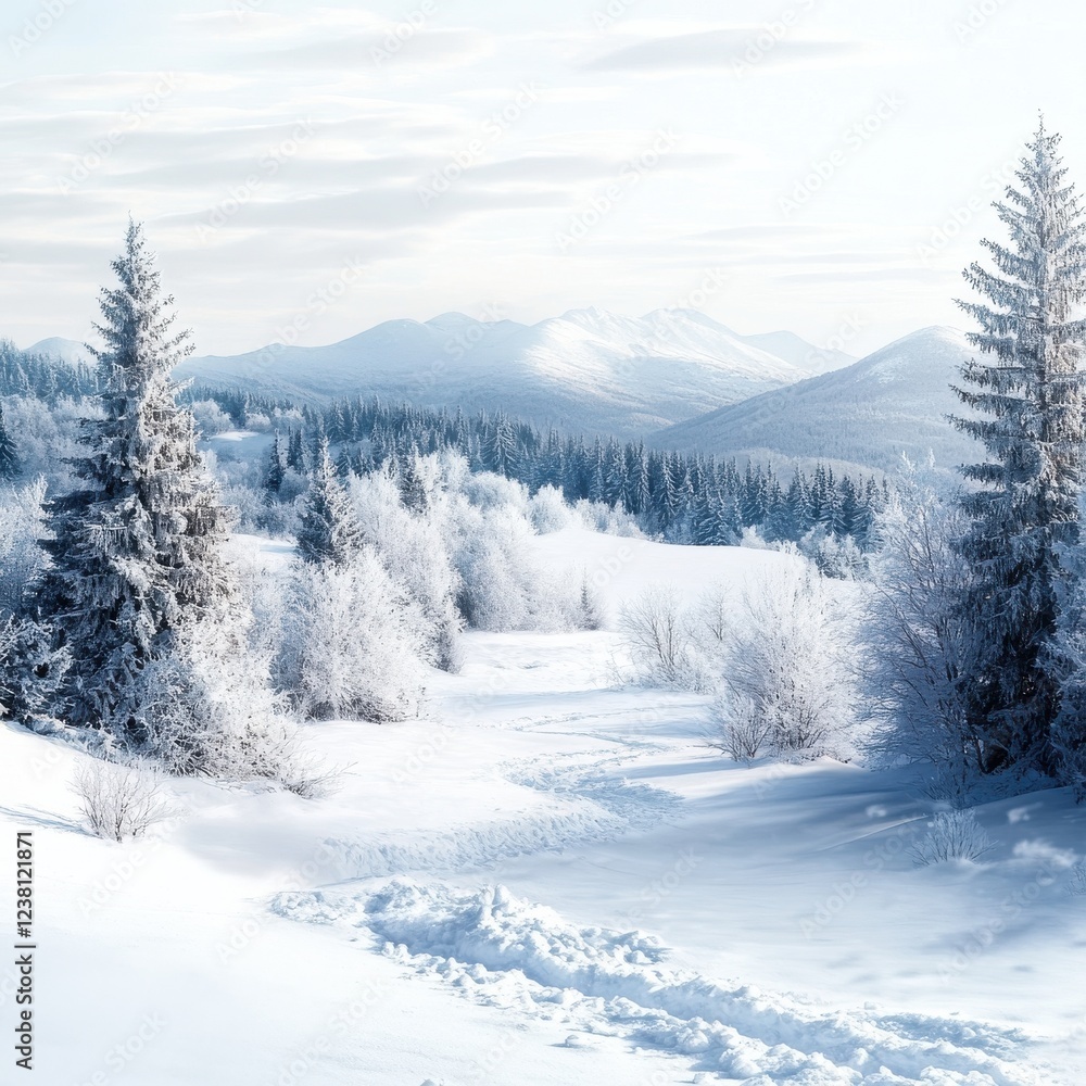 Serene Winter Landscape: Snowy Trees and Mountains Under Soft Light - Ideal for Seasonal Themes and Nature Displays Serene Winter Landscape: Snowy Trees and Mountains Under Soft Light - Ideal for Seasonal Themes and Nature Displays