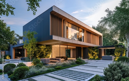 Obraz na płótnie A contemporary luxury home with modern cube architecture and outdoor garden design at dusk. w salonie