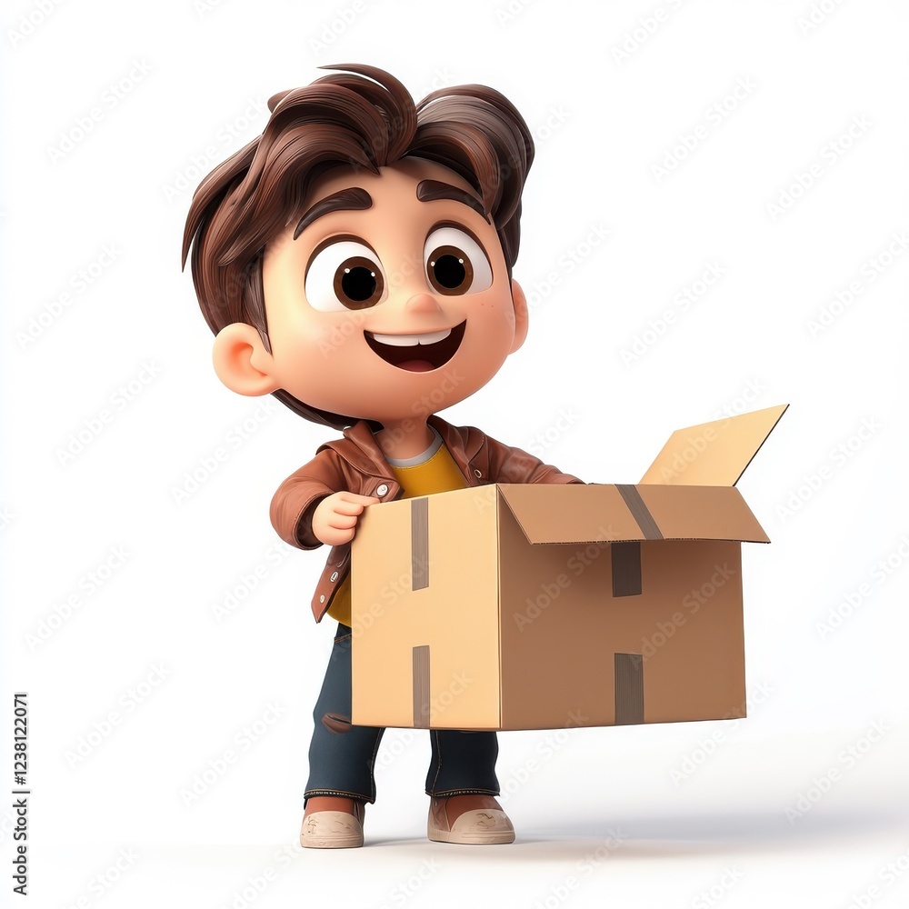3D cartoon character interacting with a cardboard box, isolate on a white background, capturing a playful scene. 3D cartoon character interacting with a cardboard box, isolate on a white background, capturing a playful scene.