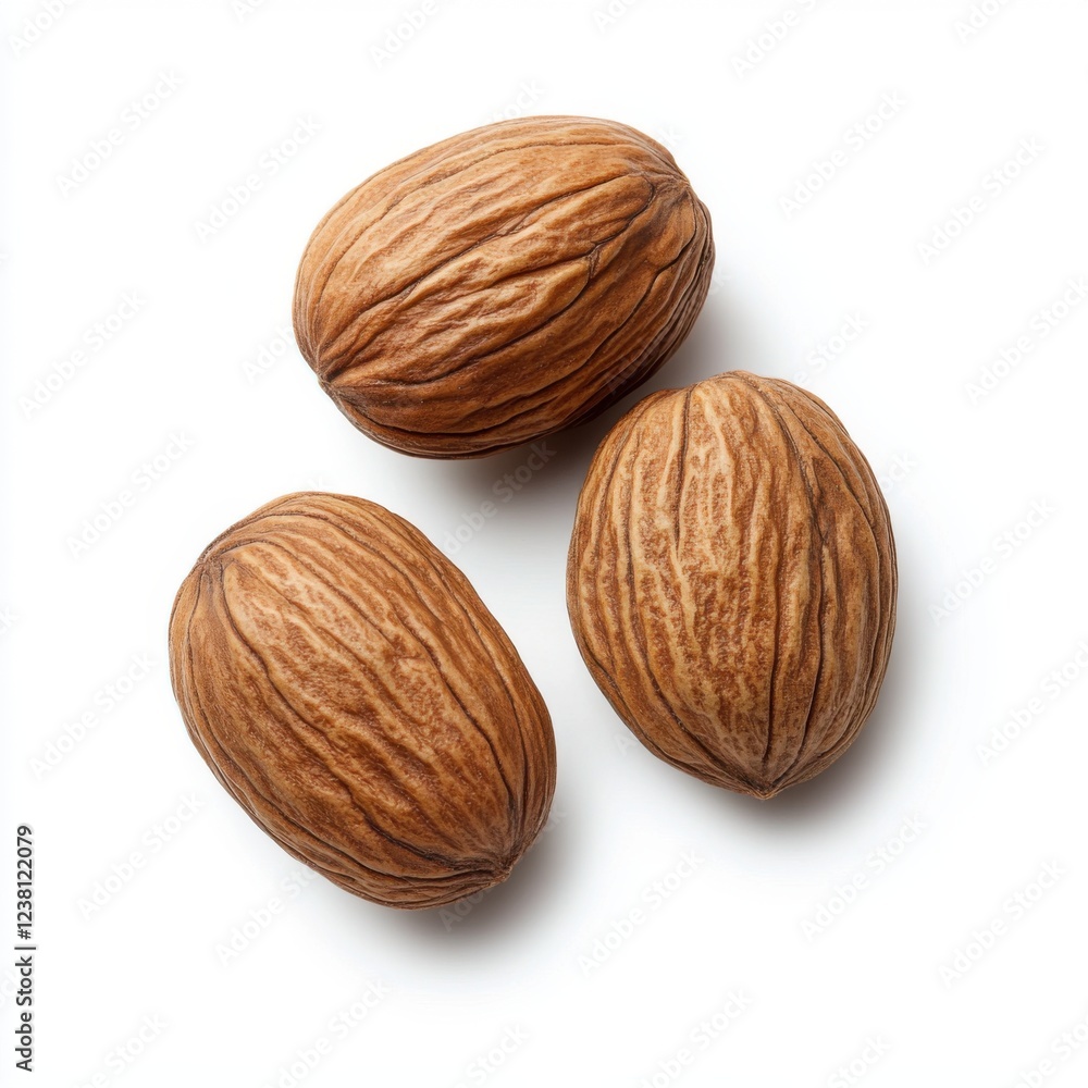 Three Whole Nuts on a White Background Showcasing Natural Texture and Organic Features Ideal for Culinary Uses Three Whole Nuts on a White Background Showcasing Natural Texture and Organic Features Ideal for Culinary Uses