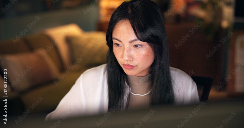 Φωτογραφία Research, online and computer with business asian woman in office for art director, media campaign and overtime