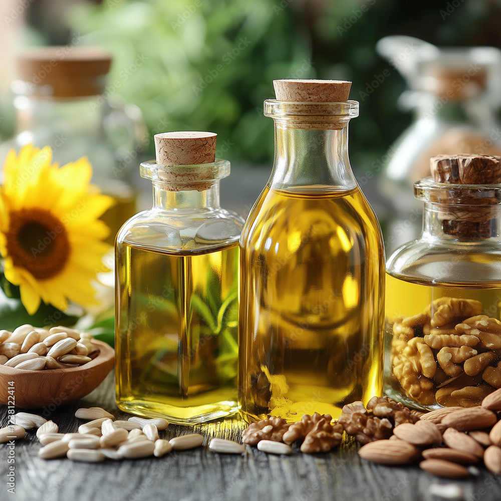 Elegant display of three glass bottles of golden vegetable oils surrounded by assorted nuts, seeds, and a sunflower, evoking health, freshness, and culinary excellence Elegant display of three glass bottles of golden vegetable oils surrounded by assorted nuts, seeds, and a sunflower, evoking health, freshness, and culinary excellence