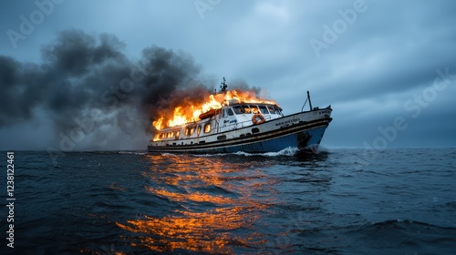 A burning boat on the ocean, surrounded by smoke and flames, creating a dramatic scene.