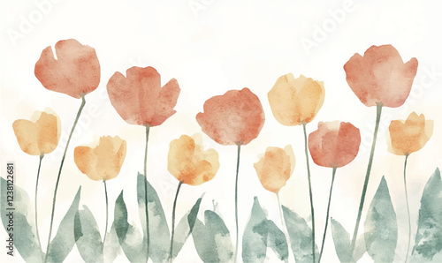 Watercolor background simple. A minimalist line of tulips with thin stems at the bottom