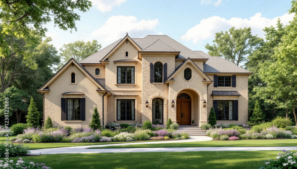 Elegant Suburban Home with Luxury Stone Architecture and Lush Landscaping in a Green Neighborhood Elegant Suburban Home with Luxury Stone Architecture and Lush Landscaping in a Green Neighborhood
