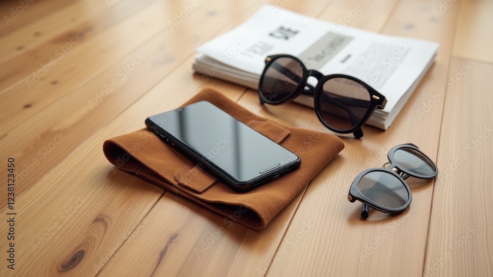 Smartphone Mockup with Accessories, Wood floor smartphone on suede pouch sunglasses travel guide. Smartphone Mockup with Accessories, Wood floor smartphone on suede pouch sunglasses travel guide.