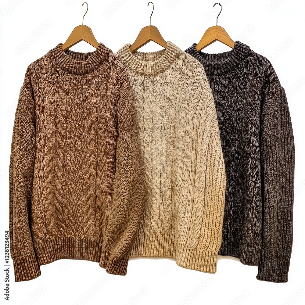 Φωτογραφία Cozy Knit Sweaters: A stylish display of three textured sweaters in brown, cream, and dark gray, perfect for winter fashion inspiration