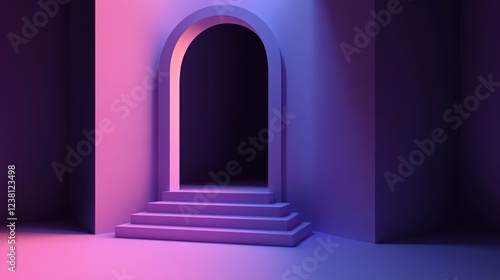 Fototapeta Naklejka Na Ścianę i Meble -  Abstract purple archway with steps leading to a dark interior.