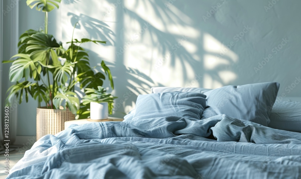 A neatly made bed with blue bedding sits in a sunlit bedroom, featuring a lush monstera plant nearby.