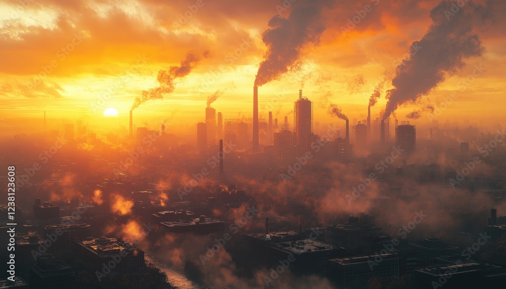 Industrial Pollution Factories Smoke Emission at Sunset in Smoggy Cityscape Industrial Pollution Factories Smoke Emission at Sunset in Smoggy Cityscape