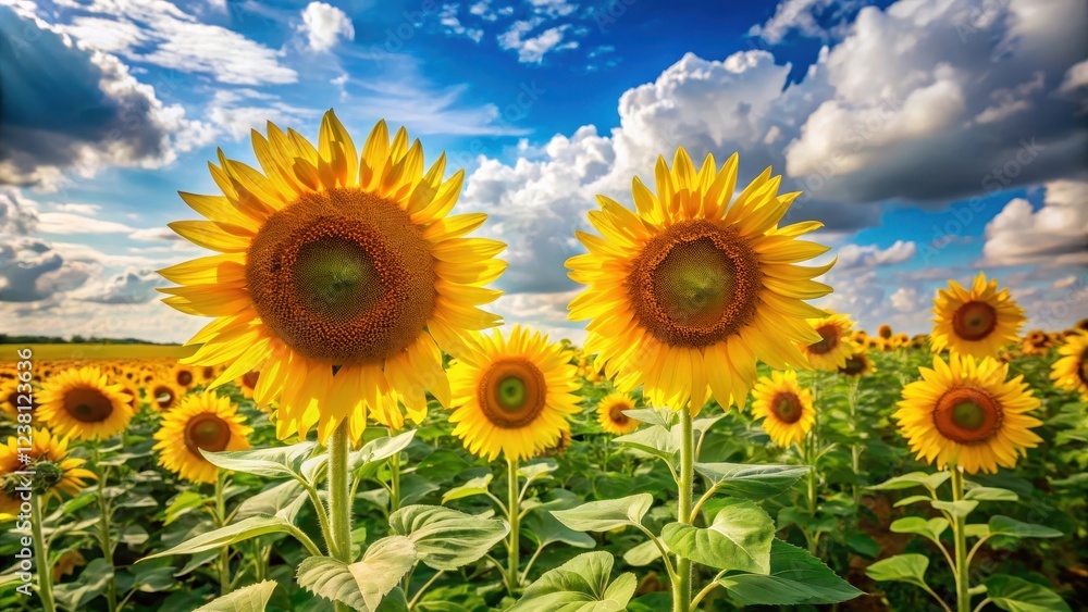 Large bright yellow sunflower flowers in a field with tall green stalks and soft white clouds, fields, blooms, fields, blooms Large bright yellow sunflower flowers in a field with tall green stalks and soft white clouds, fields, blooms, fields, blooms