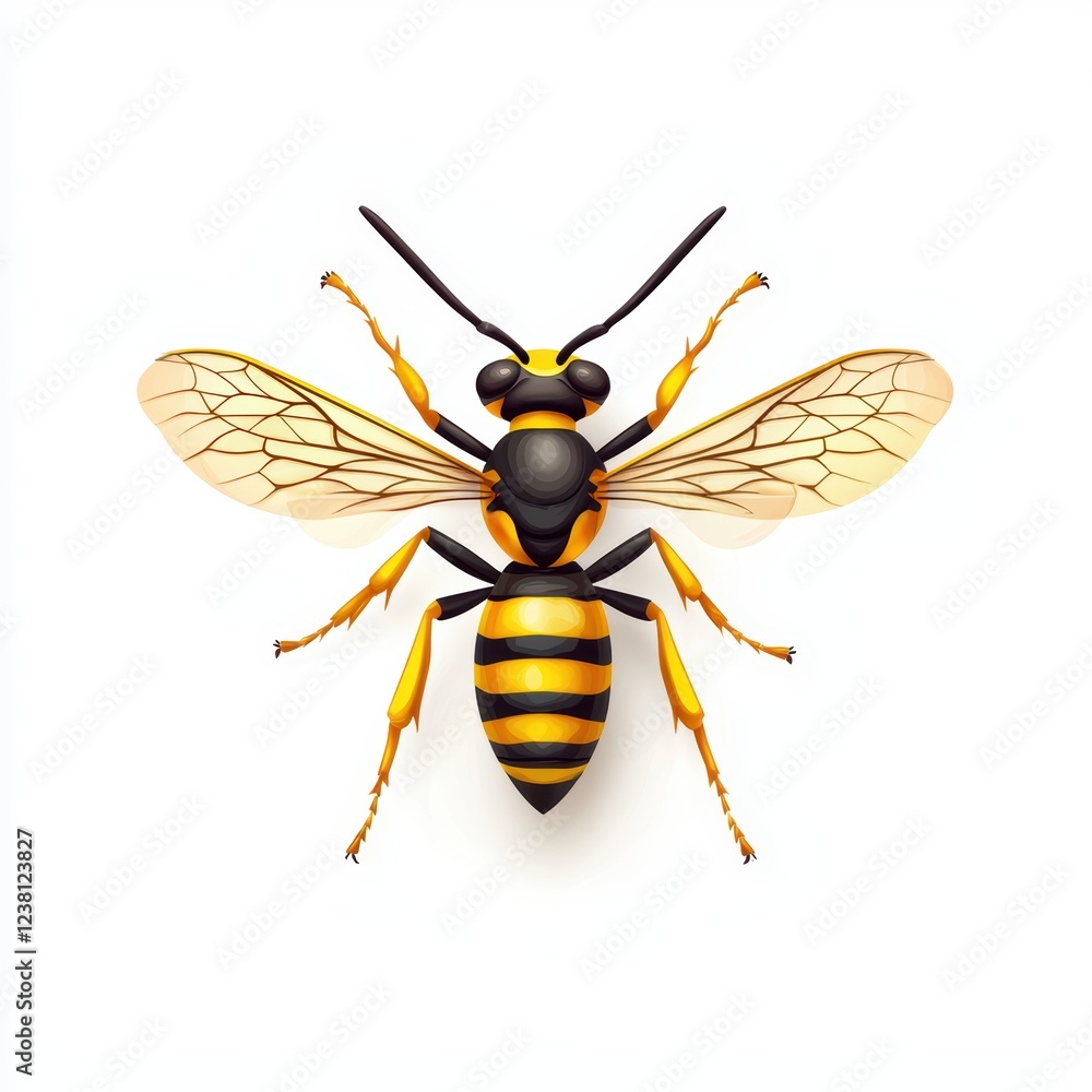wasp with sharp wings and vibrant yellow-and-black stripes, centered on a clean white background