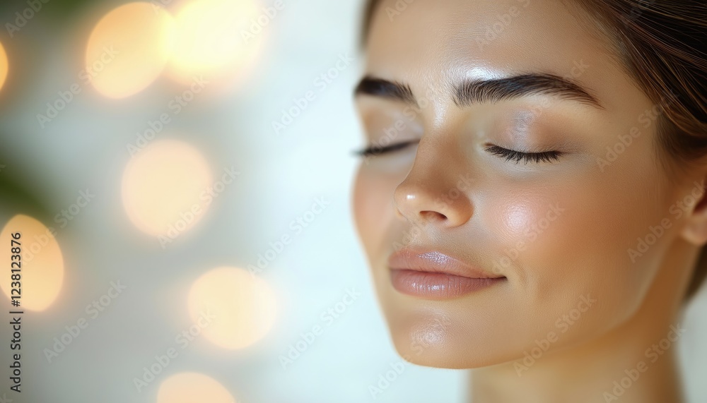 Serene Woman Relaxing with Closed Eyes in Soft Spa Setting Serene Woman Relaxing with Closed Eyes in Soft Spa Setting