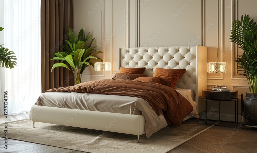 Luxurious modern bedroom features a ivory tufted headboard bed with brown bedding near warm lighting and houseplant againts ivory wall background