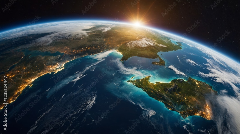 View of Earth from space showcasing sunrise over Central America and the Gulf of Mexico in vivid detail during early morning hours View of Earth from space showcasing sunrise over Central America and the Gulf of Mexico in vivid detail during early morning hours