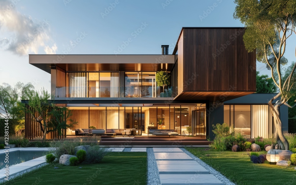 Luxurious modern home is beautifully illuminated at dusk with a contemporary cube design with a garden