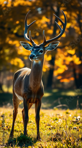 A graceful deer, its refined features highlighted by glowing bioluminescent colors, stands in a sunlit meadow.  Natural light effects create a vibrant glow, enhancing the deer's elegance. Autum