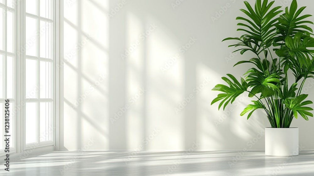 Beige wall backdrop in a minimal interior setting featuring clean concrete floors and lush plant decor for a serene ambiance Beige wall backdrop in a minimal interior setting featuring clean concrete floors and lush plant decor for a serene ambiance