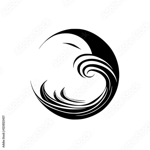 Abstract Wave Circle: Monochrome Ocean Water Design. Minimalist Nature Illustration, Black and White Graphic Symbol, Vector Art