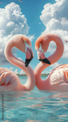 Two pink flamingos are swimming in the ocean, with one on the left