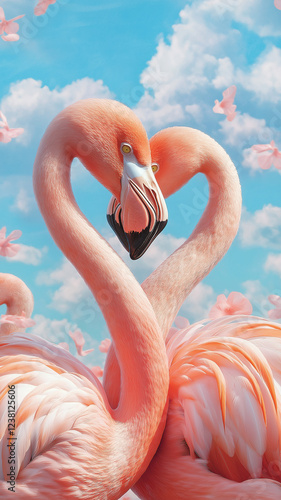 Two pink flamingos are standing next to each other, with their necks bent