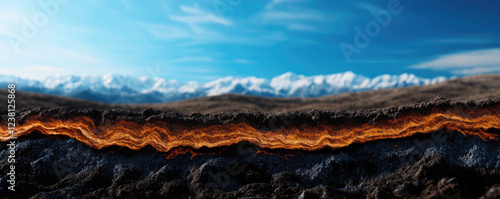 A vibrant landscape showcasing a glowing line of molten lava beneath a serene sky, creating a striking contrast between earth and atmosphere.