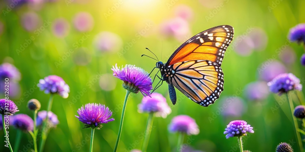 A beautiful butterfly with iridescent wings perched on a delicate purple violet flower in a lush green meadow A beautiful butterfly with iridescent wings perched on a delicate purple violet flower in a lush green meadow