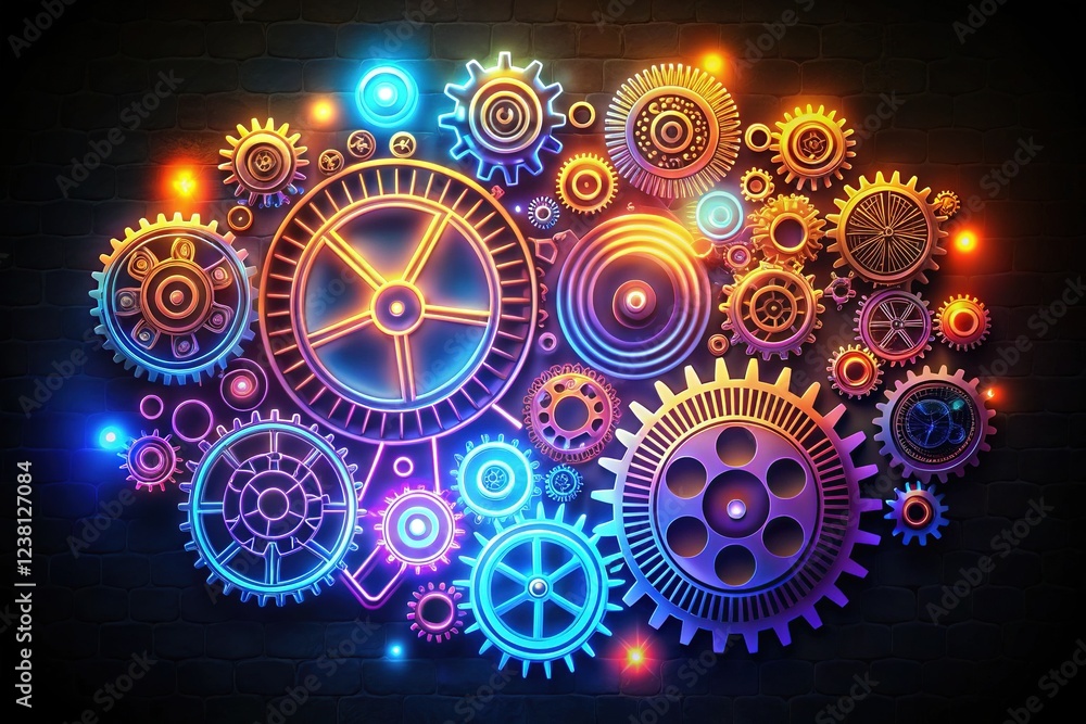 Abstract Steampunk Gear Doodle Art with Glowing Neon Effects Abstract Steampunk Gear Doodle Art with Glowing Neon Effects