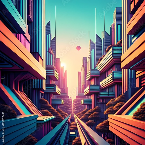 Abstract sci-fi city landscape at sunset
