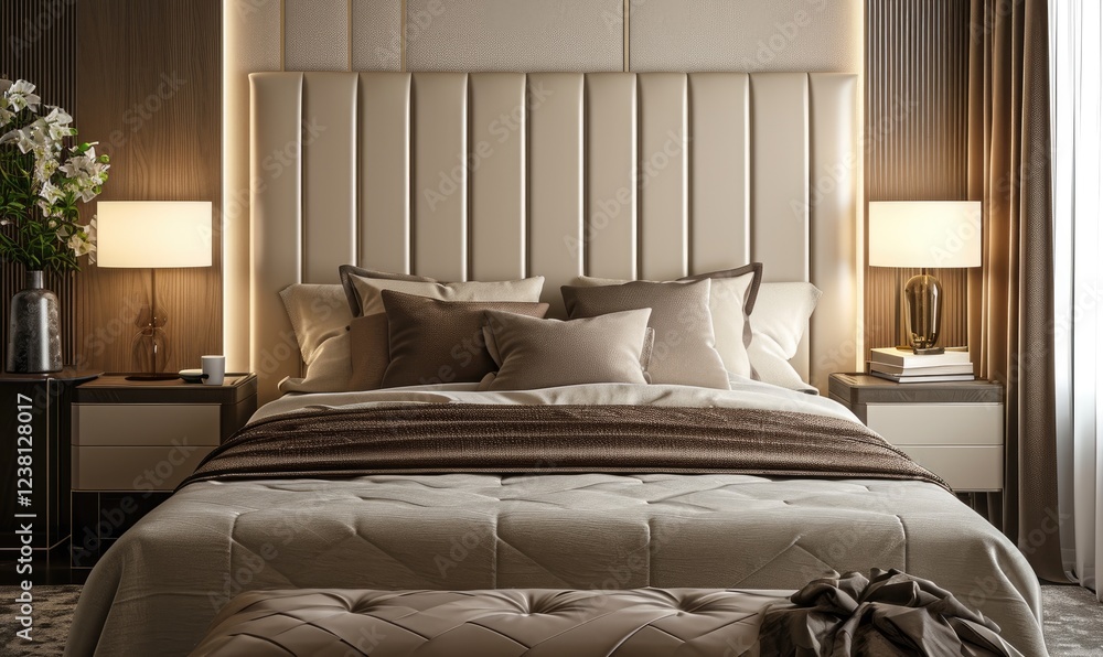 Modern bedroom, Luxurious brown bed with headboard side cabinet and nightstand lamp. Elegant Bed